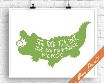 Tick, Tock, Tick, Tock, Crocodile Wall Art Peter Pan Inspired Art Print Unframed (Green) Peter Pan Art Print Boys Room Wall