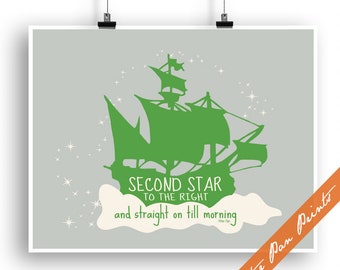 Second star to the right and straight on till morning (B) Peter Pan Inspired Unframed Art Print (Green, Soft Cream on Grey) Peter Pan Poster