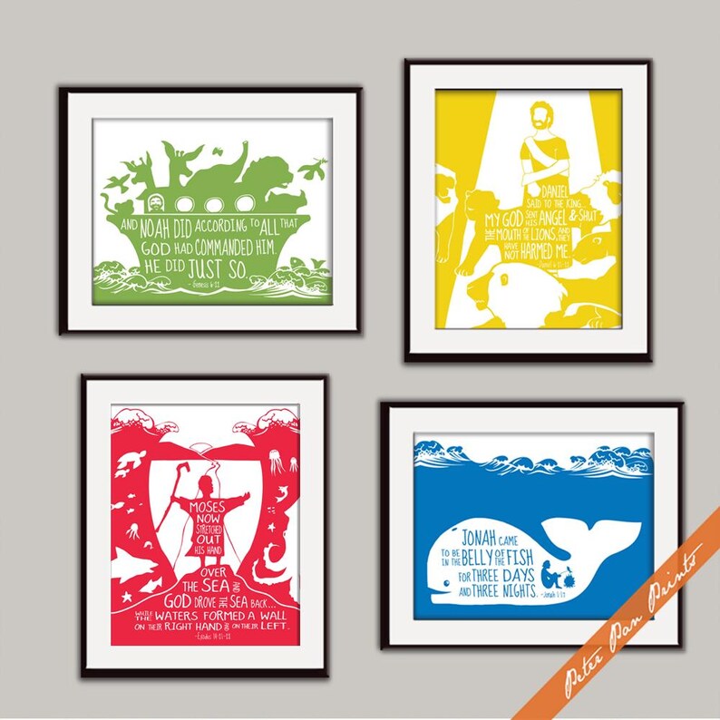 May include: Four framed prints with colorful backgrounds and white silhouettes of biblical scenes. The prints feature text from the Bible, including "And Noah did according to all that God had commanded him. He did just so." and "Moses now stretched out his hand over the sea. God drove the sea back. The waters formed a wall on their right hand and on their left."
