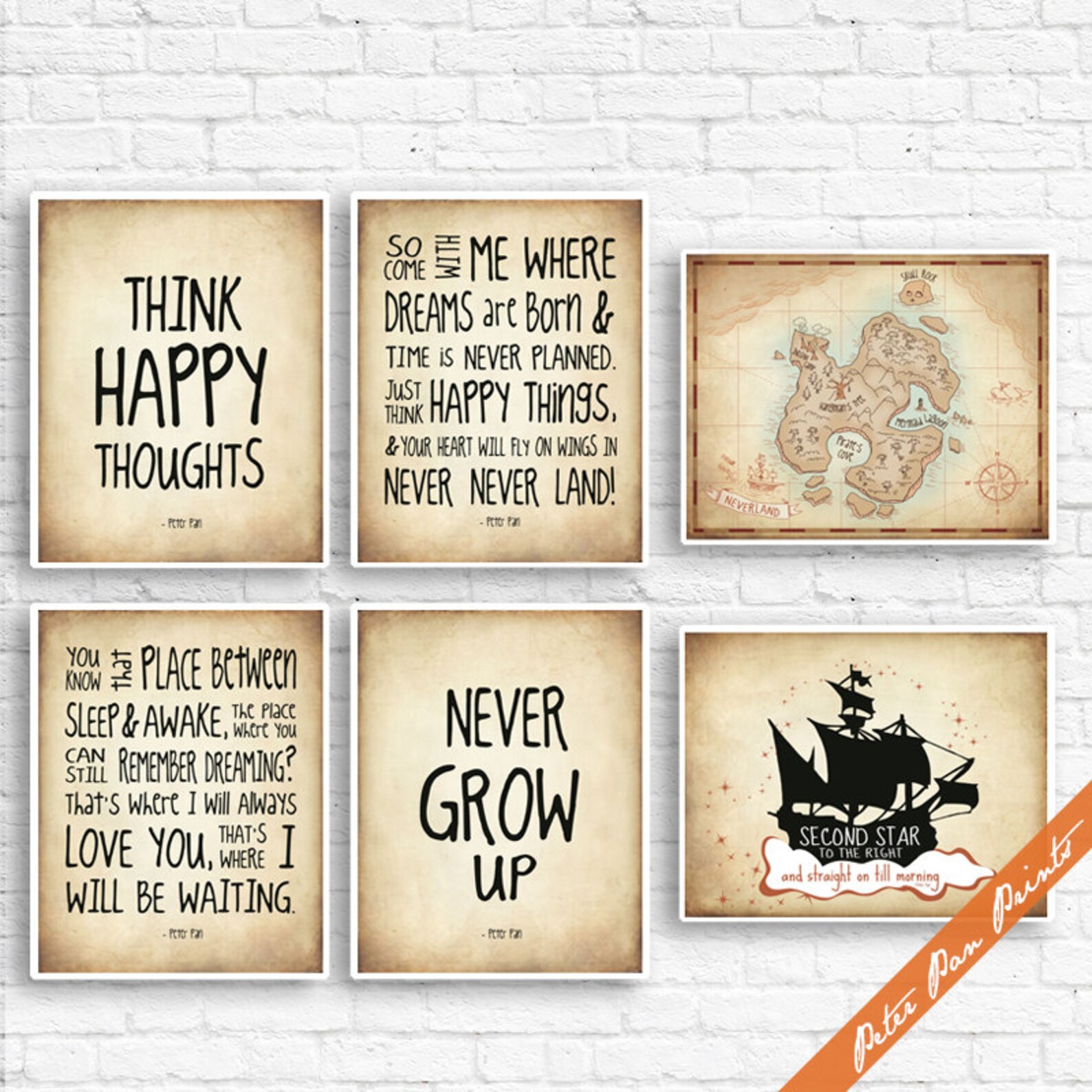 Peter Pan Neverland Quotes and Map B Set of 6 Art Print Etsy