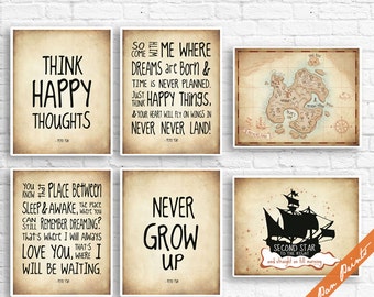 Peter Pan Neverland Quotes and Map (B) - Set of 6 Art Print (Unframed) (Featured in Treasure Map) Peter Pan Prints