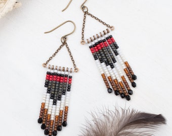 Beaded tassel earrings // black white brown earrings // long beaded earrings // boho chic earrings // beaded jewelry // unique gifts for her