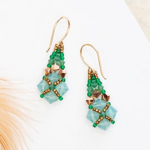 Small green crystal drop earrings // delicate green earrings // boho chic earrings // sparkly green gold earrings // unique gifts for her