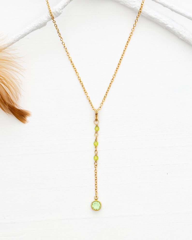 Minimalist gold necklace // gold lariat necklace // Swarovski crystal necklace // delicate necklace // minimalist jewelry // green necklace image 3