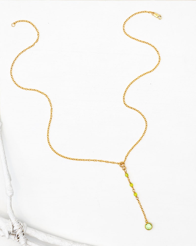 Minimalist gold necklace // gold lariat necklace // Swarovski crystal necklace // delicate necklace // minimalist jewelry // green necklace image 2