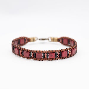 Beaded leather bracelet // red beaded bracelet // beaded stackable bracelet // womens leather bracelet // boho bracelet // gift for her image 1