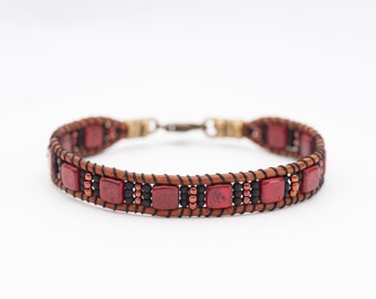 Beaded leather bracelet // red beaded bracelet // beaded stackable bracelet // womens leather bracelet // boho bracelet // gift for her