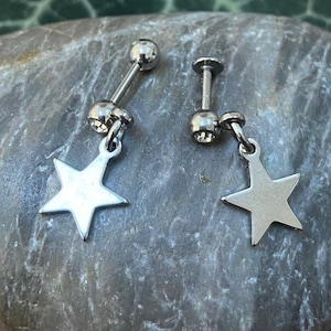 Cartilage Stud with Steel Star Dangle, Helix Upper Ear Earring, Steel Barbell Tragus Labret Ear Ring, 1.2mm Piercing - Ball or Flat Back