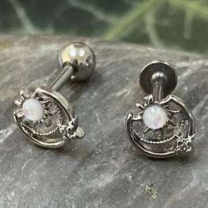 Opal Galaxy Cartilage Stud, Helix Upper Earring, Steel Barbell Tragus Labret Ear Ring, 1.2mm Piercing - Ball or Flat Back - Sun Moon & Star