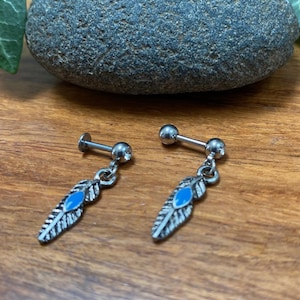 Cartilage Stud with Feather Dangle, Helix Upper Ear Earring, Steel Barbell Tragus Labret Ear Ring, 1.2mm Piercing - Ball or Flat Back