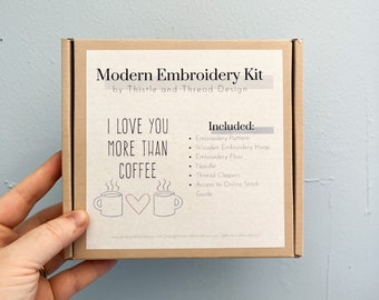 I Love You More Than Coffee Modern Embroidery Kit, Needlepoint Project, Gift for Coffee Lover, Modern Needlework, Cotton Anniversary Gift