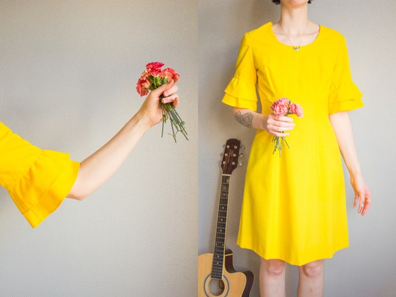 Vintage Bright Yellow Mini Dress Size S M / Yellow