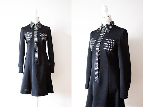 Vintage Black Collared Mini Dress / Black Mini Dre