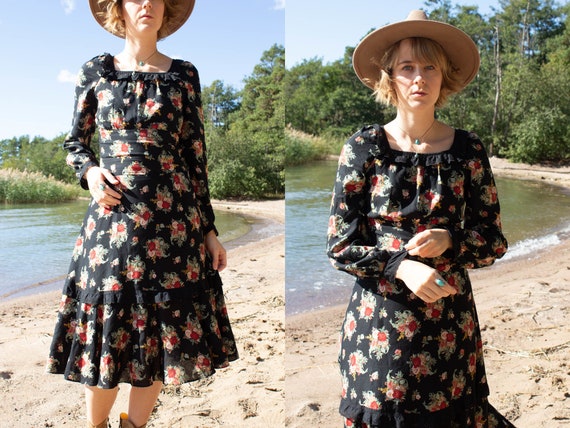 Flower Midi Dress, Vintage Boho Flower Dress Size