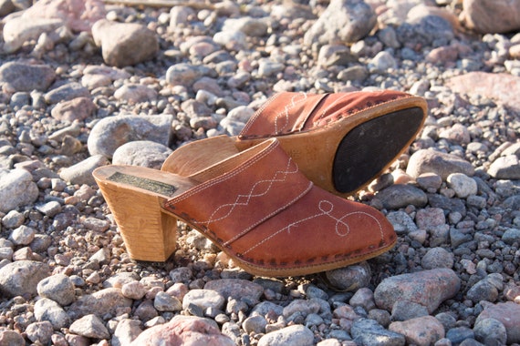 Vintage Wood Shoes Brown Leather EU39 / 1970s Vint