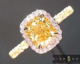 1.01ct Fancy Vivid Yellow VS2 Coussin Taille Diamant Bague R1709