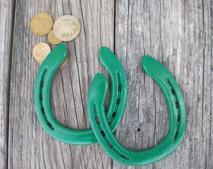 Lucky Horseshoes Painted Green, St Patrick's Day gift, His and Hers gift, Real Horseshoe decorative art, Irish Bar decor, Outdoor barn decor
