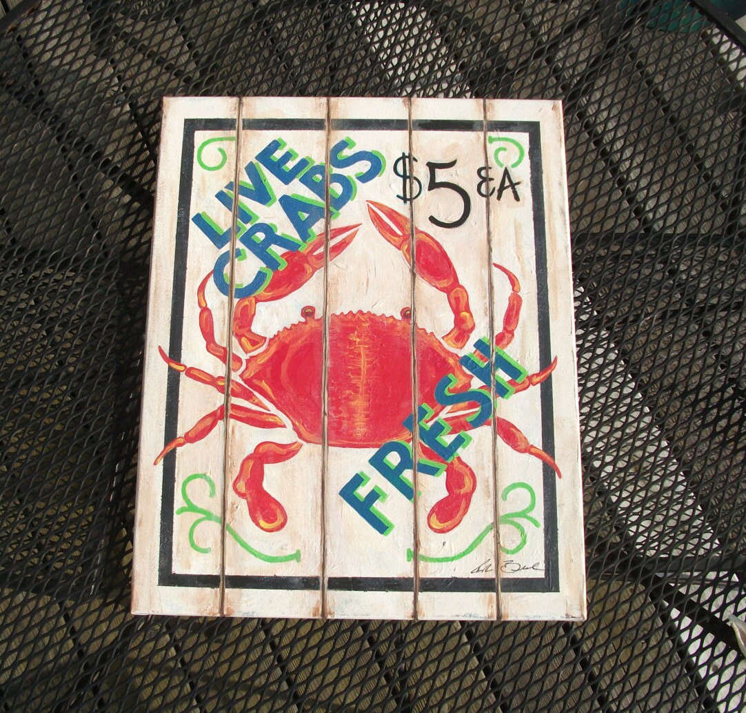 Crab Sign, Crab Painting, Live Crabs Beach Sign, Festive Home and Beach