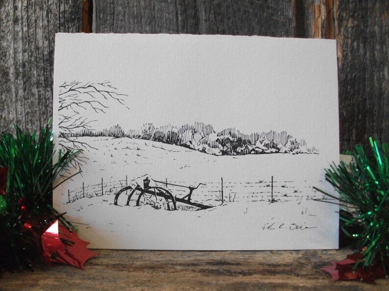 Winter Scene Pen and Ink Greeting Card Farm Art Rustic Etsy