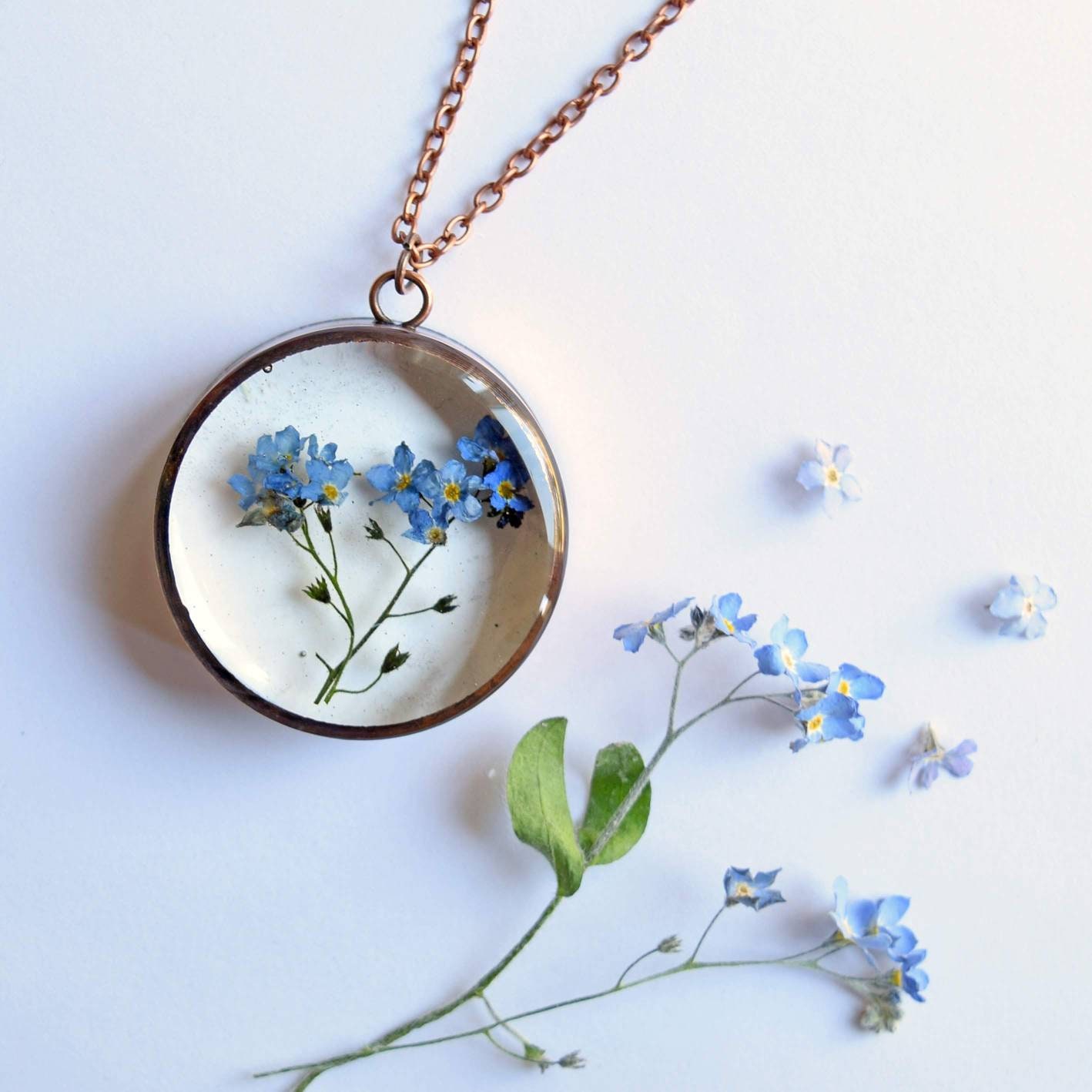 Forget Me Not Pendant Real Pressed Flower Copper Necklace Etsy