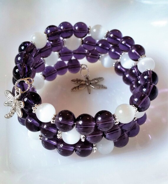 Items similar to Purple & White Beaded Multi Strand Bracelet w ...