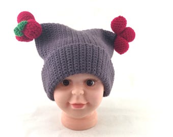 Hand Crocheted Hat with Cherry Pom Pompoms to fit Child Large