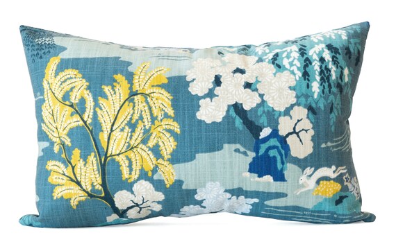 Chinoiserie Pillow Cover Teal Lumbar Pillow Cover Asian Etsy