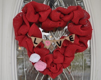 Valentines Day Heart Wreath - Valentines Day Decorations - Valentines Day Burlap Wreath - Red Burlap Heart Wreath - Valentine's Day Wreath