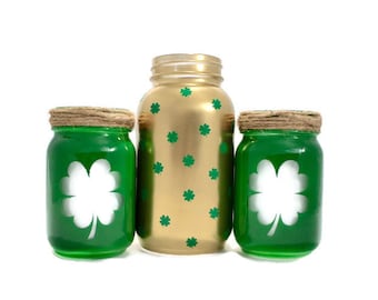 St Patricks Day Mason Jars - St Patricks Day Decor - St Patricks Day Part - Painted Mason Jars - Shamrock Mason Jars - Lucky Mason Jars