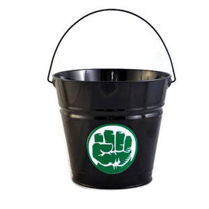 May include: Black metal bucket with a green and white fist graphic.