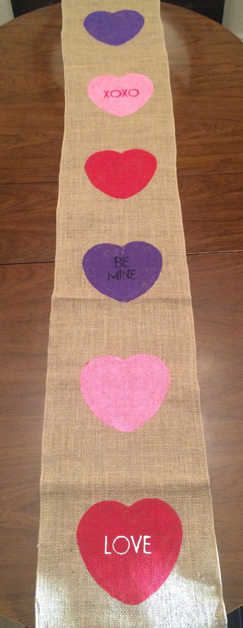 Valentines Day Table Runner Valentine's Day Burlap Table Runner Conversation Hearts Table Runner Burlap Table Runner Valentine's Day image 2