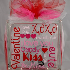 Valentines Day Glass Block Lighted Valentines Day Glass Block Decorative Valentines Day Lamp Valentines Day Night Light image 1