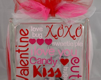 Valentines Day Glass Block - Lighted Valentines Day Glass Block - Decorative Valentines Day Lamp - Valentines Day Night Light