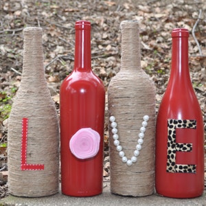 LOVE Wine Bottles - Valentines Day Wine Bottles - Twine LOVE Wine Bottles - LOVE Wine Bottle Vases - Upcycled Love Wine Bottle Decoration