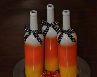 Candy Corn Wine Bottles (Set of 3) Halloween Home Decor Halloween Table Centerpieces
