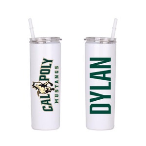May include: Two white stainless steel tumblers with lids and straws. One tumbler has a green and gold Cal Poly Mustangs logo with a horse. The other tumbler has the name "DYLAN" in green letters.