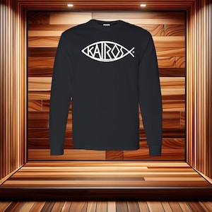 May include: Black long-sleeve shirt with a white fish symbol and the word "KAIROS" inside the fish.