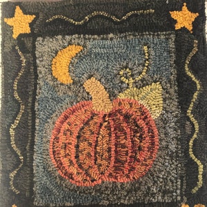 Rug pattern for hooking and punch needle. 14 x 16" Foundation choices, primitive linen or monks cloth. PUMPKIN MOON and STARS