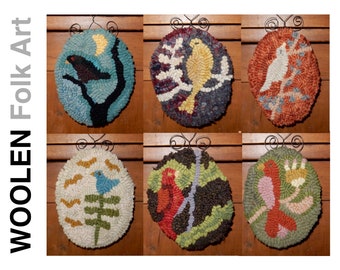 6 MINI BIRDS Rug Patterns for hooking and punch needle. Each oval 5" x 6". Foundation choices, linen or monks cloth