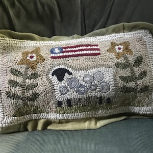 PATRIOTIC SHEEP Rug pattern for hooking or punch needle.  Comes in 2 sizes: 8" x 15" or 12" x 20".  Foundation cloth choices at checkout.