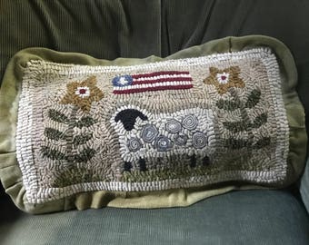 PATRIOTIC SHEEP Rug pattern for hooking or punch needle.  Comes in 2 sizes: 8" x 15" or 12" x 20".  Foundation cloth choices at checkout.