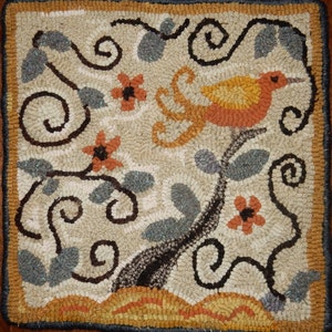 Rug Pattern, BIRD WITH VINES, 13 X 13, also could be used as Punch Needle Pattern