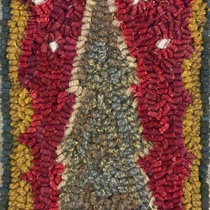 May include: Hand-hooked Christmas tree rug with a central evergreen tree design. The rug features a red background with white accents, a yellow border, and a green outer edge. The rug measures approximately 18 inches by 24 inches.