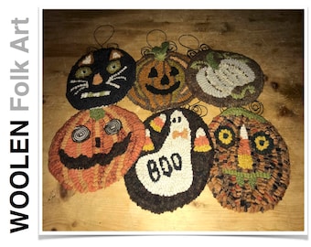 Rug pattern for hooking and punch needle. Each oval measures 5" x 6". Foundation choices, linen or monks cloth. 6 MINI HALLOWEEN