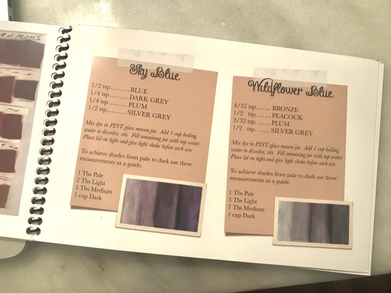 Puede incluir: Una p&aacute;gina de libro con encuadernaci&oacute;n en espiral que muestra dos tarjetas de recetas de tinte tituladas Sky Blue y Wildflower Blue. Cada tarjeta enumera medidas espec&iacute;ficas para tintes, instrucciones de mezcla para un frasco y gu&iacute;as de tonos.