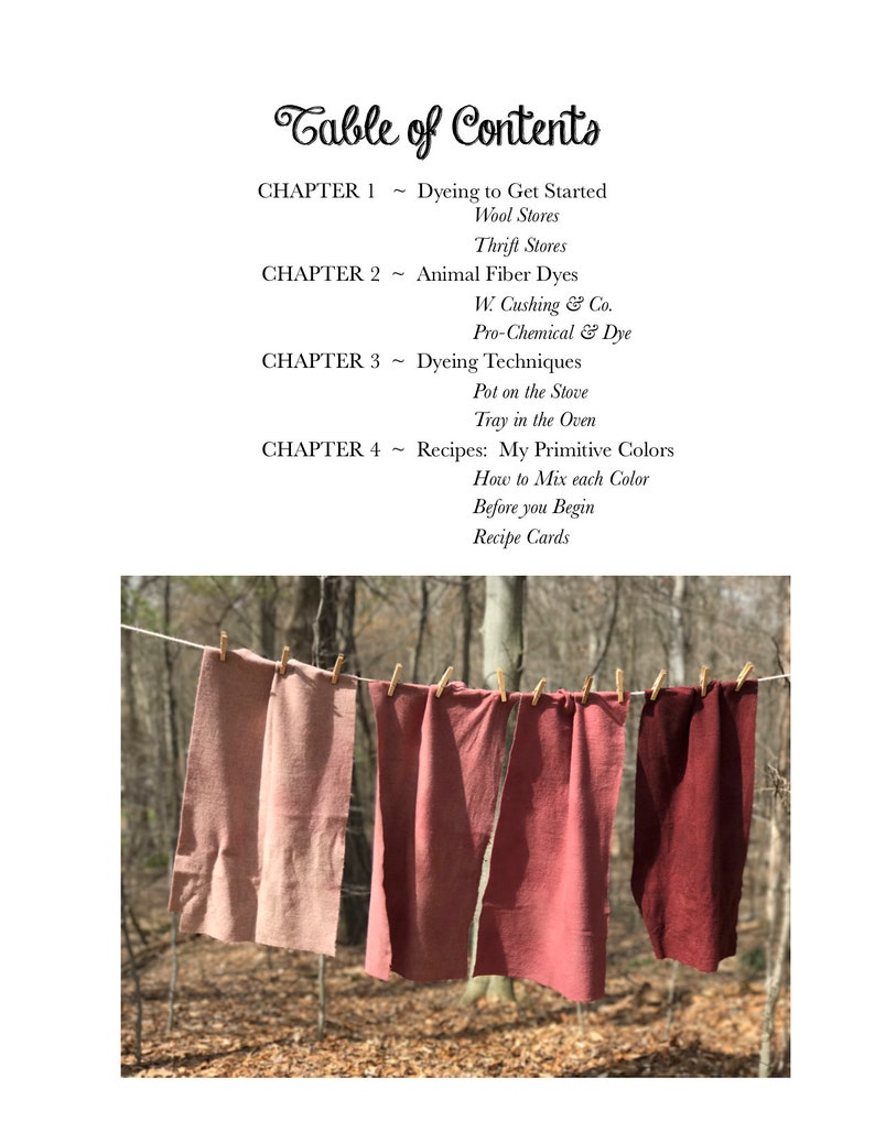Puede incluir: Una tabla de contenido que enumera cap&iacute;tulos sobre t&eacute;cnicas de te&ntilde;ido y recetas, seguida de una fotograf&iacute;a de cinco muestras de tela rectangulares en tonos rosa y rojo colgadas de un tendedero con pinzas de madera en una zona boscosa.