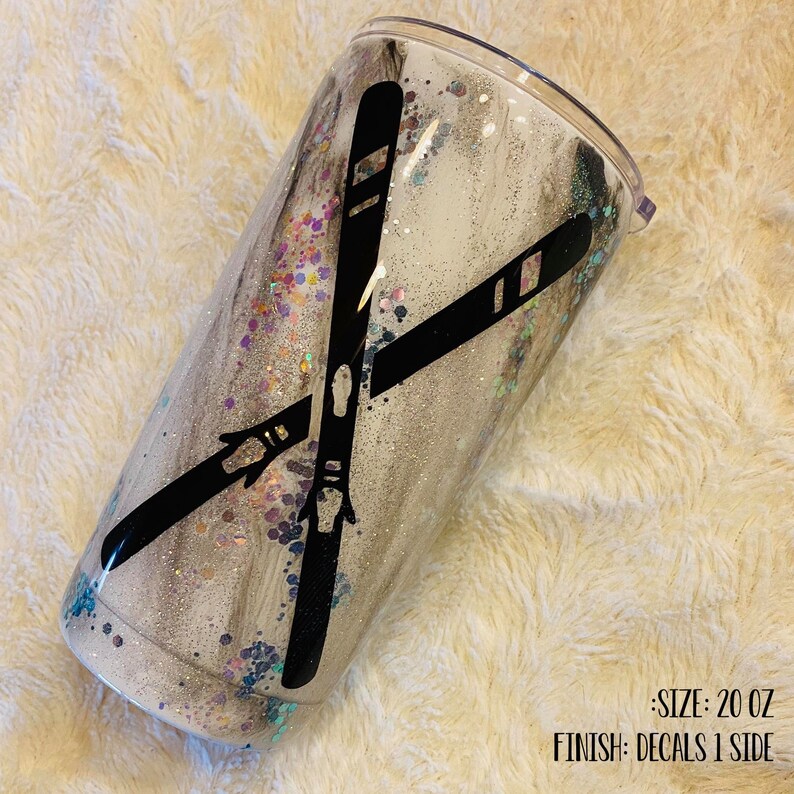 Crossed Ski Black and White Marble Glitter Epoxy Tumbler Free Shippinig