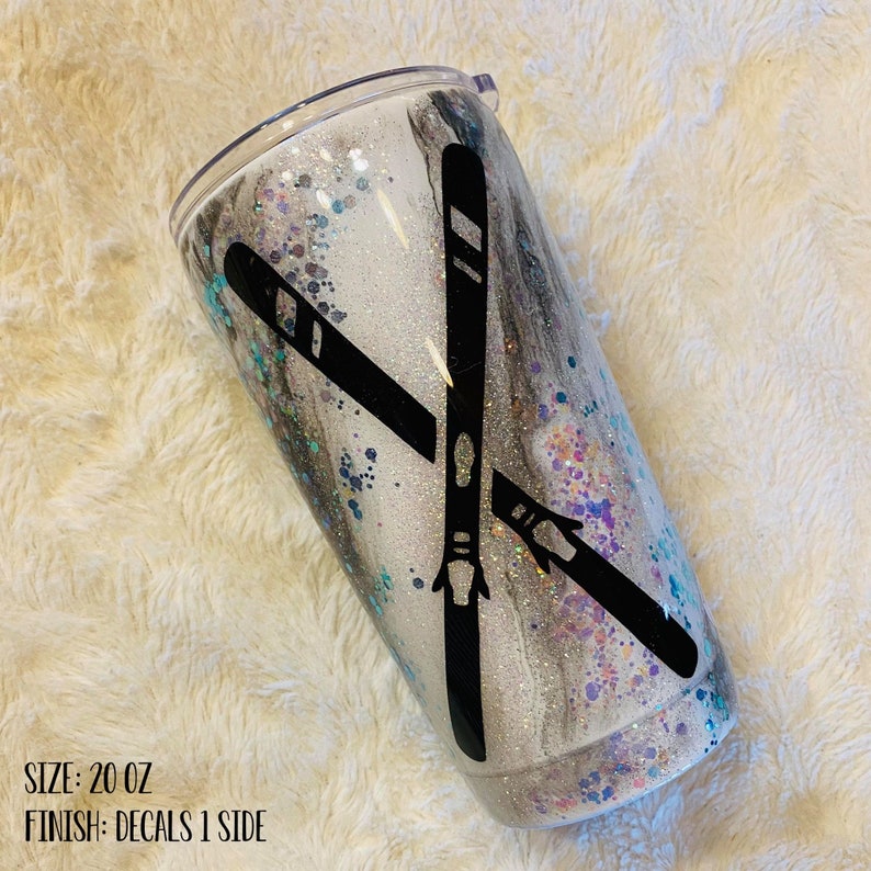 Crossed Ski Black and White Marble Glitter Epoxy Tumbler Free Shippinig