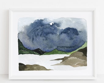 Mountain Scene - Dark Clouds - Japanese Inspired - Watercolor Print