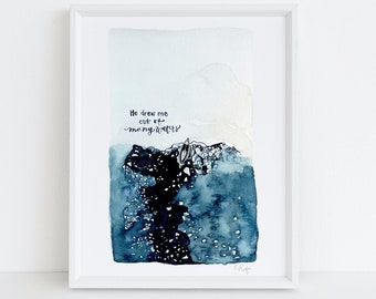 Deep Blue Sea Watercolor Print: Psalms Scripture Art (8x10)